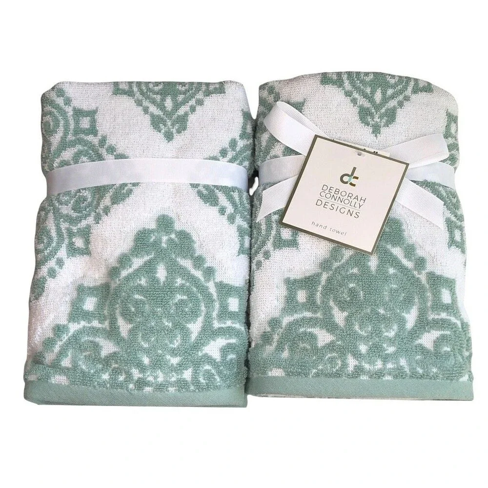 Deborah Connolly Hand Towels Chenille Sculptured Green Summer Beach Set of 2